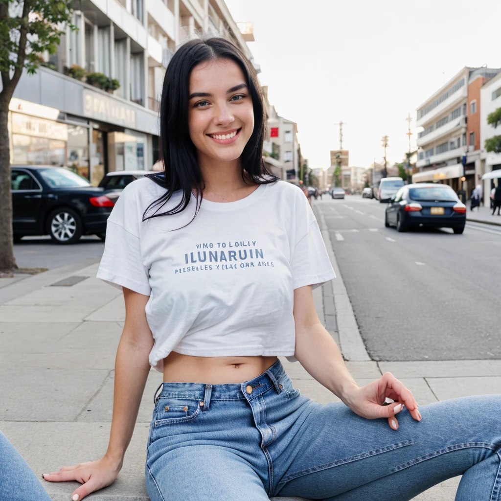 A hyper realistic image of a beautiful young Caucasian woman sitting with round face, black hair, smiling. She is wearing a plain (baggy) t-shirt and jeans. In street. (Modest dressing) properly dressed. (((Number of persons:1)))