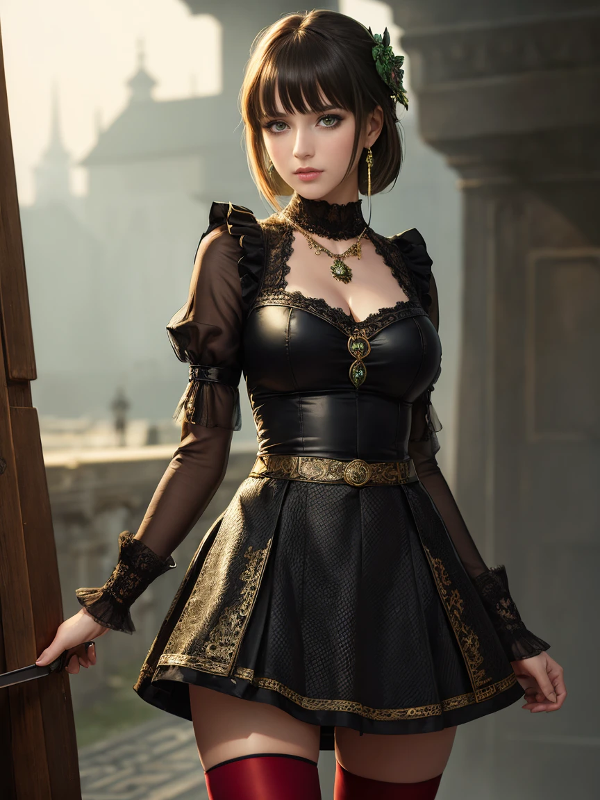 Nier: Automatafull body, (long shot full body view:1.1)
(short skirt), beautiful woman, (tights: 1.2), best quality, illustration,(beautiful detailed girl), beautiful detailed shine, (beautiful detailed eyes), expressive, (18-year-old girl:1.4), disheveled hair, long bangs, ,(black and red dress), black ribbon, empty look, flower, large sleeves, bright green eyes, perfect appearance, perfect eyes, ornate clothes, medieval, realistic, impeccable hairstyle, bangs, makeup, earrings, necklaces, jewelry, (magic eyes), sparkling eyes, cold facial expression, aloofness, Detailed face, Pascal Blanche Rutkowski's workshop with high detail, Repin Art station, Hyperrealistic painting, Concept ART of detailed character design, Matte painting, 4K resolution, Blade Runner, Mysterious