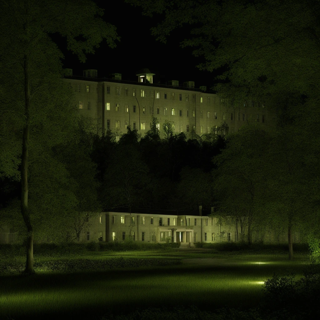 Mental hospital exterior with garden in a forest at night