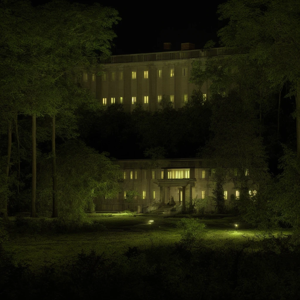 Mental hospital exterior with garden in a forest at night