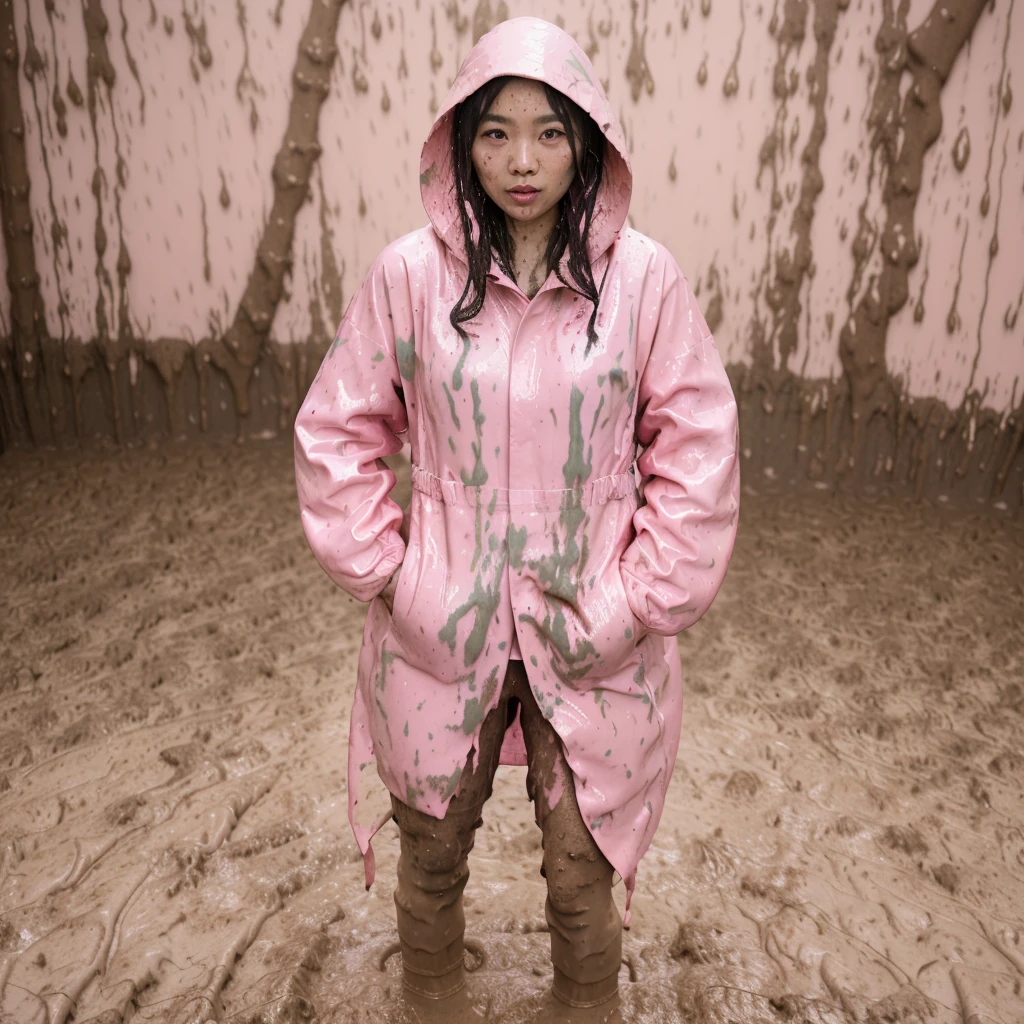 asian lady, cute pose, ((pink buttoned up raincoat)), ((wearing raincoat hood)), tall pink rain boots, ((((muddy splatters)))), ((mud dripping down raincoat)), intricate details, highly detailed, masterpiece, 8k, photorealistic, cinematic lighting, vibrant colors, soft focus, elegant, feminine, beautiful, serene, graceful