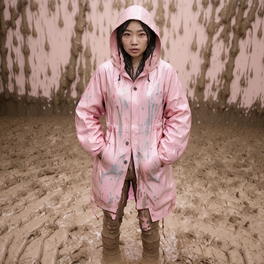 asian lady, cute pose, ((pink buttoned up raincoat)), ((wearing raincoat hood)), tall pink rain boots, ((((muddy splatters)))), ((mud dripping down raincoat)),  intricate details, highly detailed, masterpiece, 8k, photorealistic, cinematic lighting, vibrant colors, soft focus, elegant, feminine, beautiful, serene, graceful