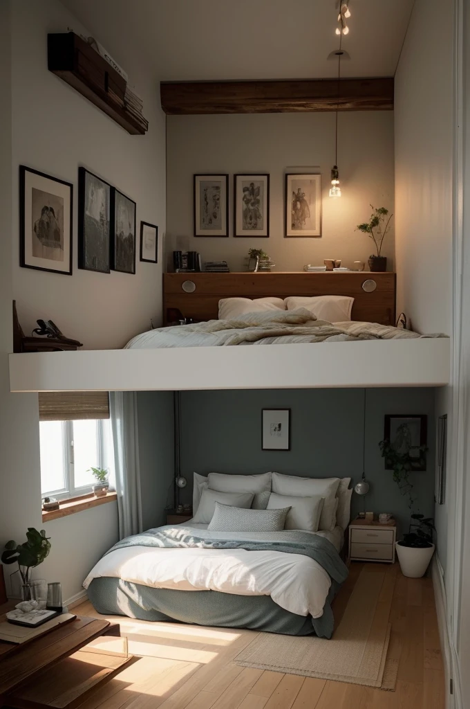 A bedroom that has a cozy and intimate atmosphere, perfect for relaxation and sleep. The room features a large window that overlooks a rainy cityscape, providing a moody and calming backdrop. The bed is covered with soft blankets and pillows, and a cat is peacefully resting on it, adding to the cozy vibe. 

The room is decorated with various framed pictures on the wall, and there are warm, ambient lights and small lamps that create a soft glow. The bedside area is cluttered with books and plants, giving the space a lived-in and personal feel. The overall aesthetic is warm and inviting, making it an ideal spot for a restful night's sleep.