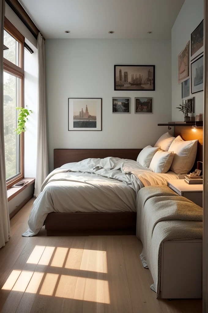 A bedroom that has a cozy and intimate atmosphere, perfect for relaxation and sleep. The room features a large window that overlooks a rainy cityscape, providing a moody and calming backdrop. The bed is covered with soft blankets and pillows, and a cat is peacefully resting on it, adding to the cozy vibe. 

The room is decorated with various framed pictures on the wall, and there are warm, ambient lights and small lamps that create a soft glow. The bedside area is cluttered with books and plants, giving the space a lived-in and personal feel. The overall aesthetic is warm and inviting, making it an ideal spot for a restful night's sleep.