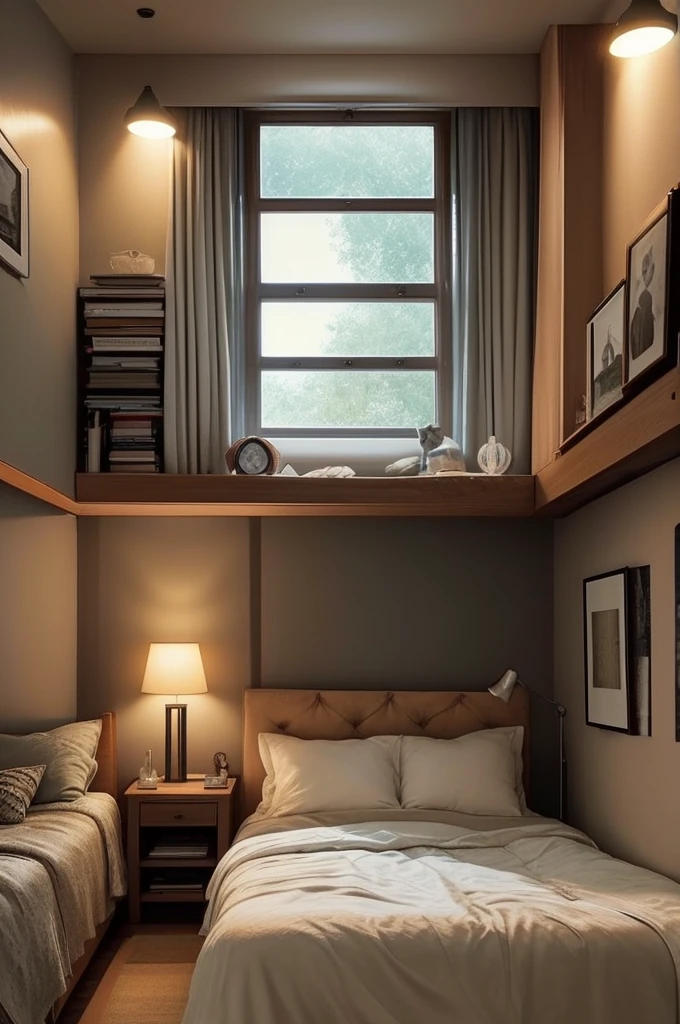 A bedroom that has a cozy and intimate atmosphere, perfect for relaxation and sleep. The room features a large window that overlooks a rainy cityscape, providing a moody and calming backdrop. The bed is covered with soft blankets and pillows, and a cat is peacefully resting on it, adding to the cozy vibe. 

The room is decorated with various framed pictures on the wall, and there are warm, ambient lights and small lamps that create a soft glow. The bedside area is cluttered with books and plants, giving the space a lived-in and personal feel. The overall aesthetic is warm and inviting, making it an ideal spot for a restful night's sleep.