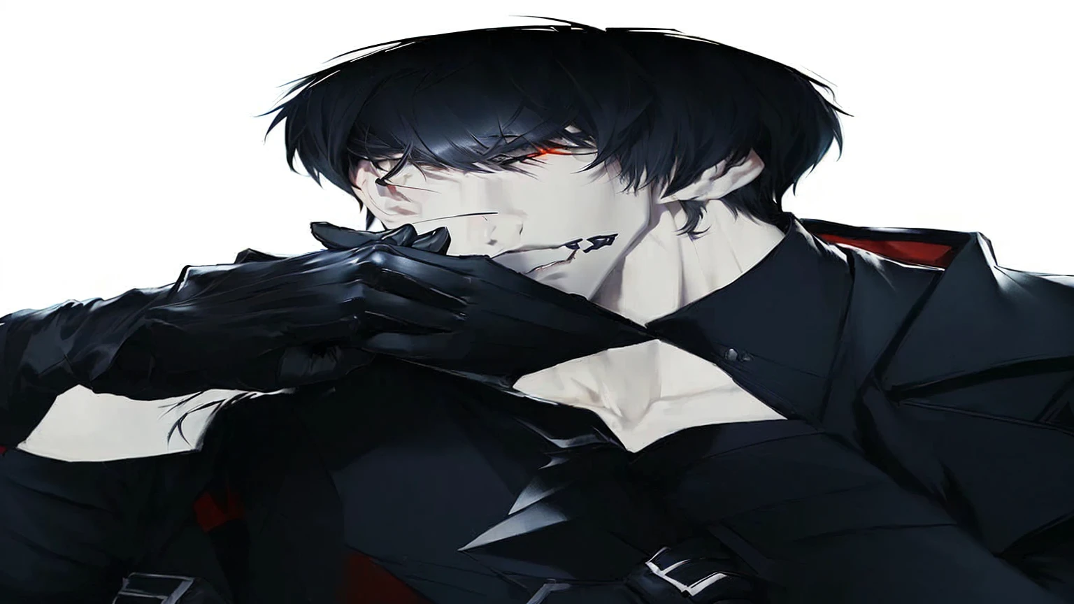 a man in a black jacket and gloves presses his hands to his face, beautiful anime pose, Tall anime guy with amber eyes, anime handsome man, male anime character, Handsome Japanese demon boy, kaneki ken, Male anime style, gapmo yandere grimdark, like an anime character, trigger anime art style, he's very menacing and evil, Ken Kaneki