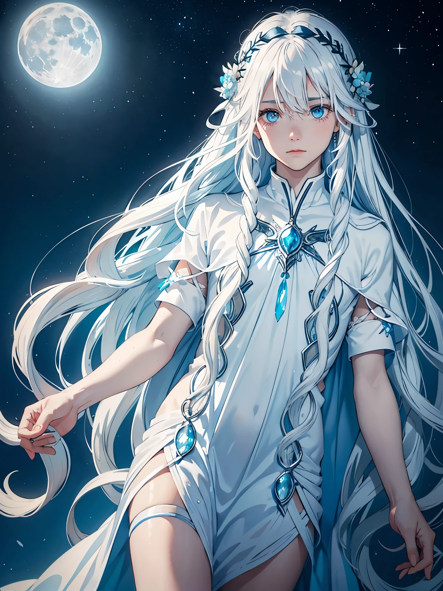 Viele blaue Blumen. Long hair. long white hair. aquatic, boy, Goddess of the Moon, silver hair accessories, White hair, White dress, cape, at night, saturated colors, light eyes, bright, light blue light, blue eyes, Jewelry silver, bluish light, Full moon in the background, aquatic in der Luft rosa kerzen