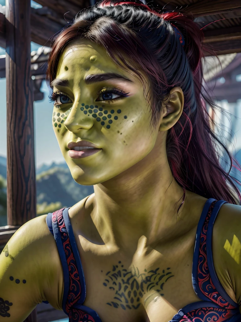 (best quality, masterpiece, beautiful and aesthetic:1.2, colorful, dynamic angle, highest detailed face)1girl,barissoffee, ninja, (green skin:1.4), facial tattoo,upper body portrait, looking at viewer, smiling(high contrast, official art, extreme detailed, highest detailed)