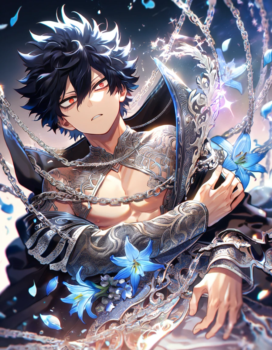 absurdres, highres, ultra detailed, HDR, master piece, best quality, extremely detailed, Dabi, black hair, expressive turquoise eyes, Boku No Hero Academia, solo, sexy man, handsome, smile, sensual, toned chest, bare chest, fantasy, room, sparkling, silver glittering fireflies, silver blossoms, silver chrysanthemums, silver sparkling lights, starry sky, magical