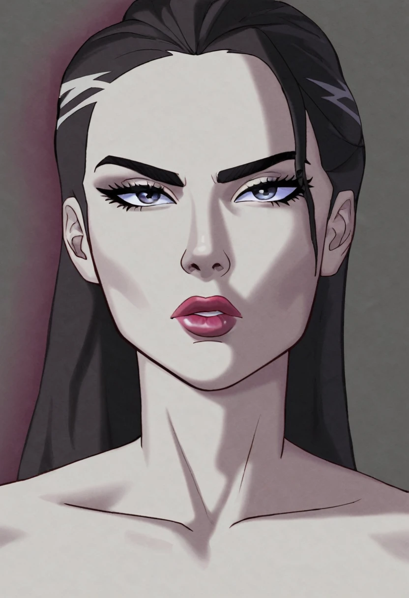 thick strokes, linear grosso, thick black linear, thick black linear thick black linear, thin chin, low lips, thin and small eyes, serious look, pale skin, thick strokes, linear grosso, thick black linear, cartoon