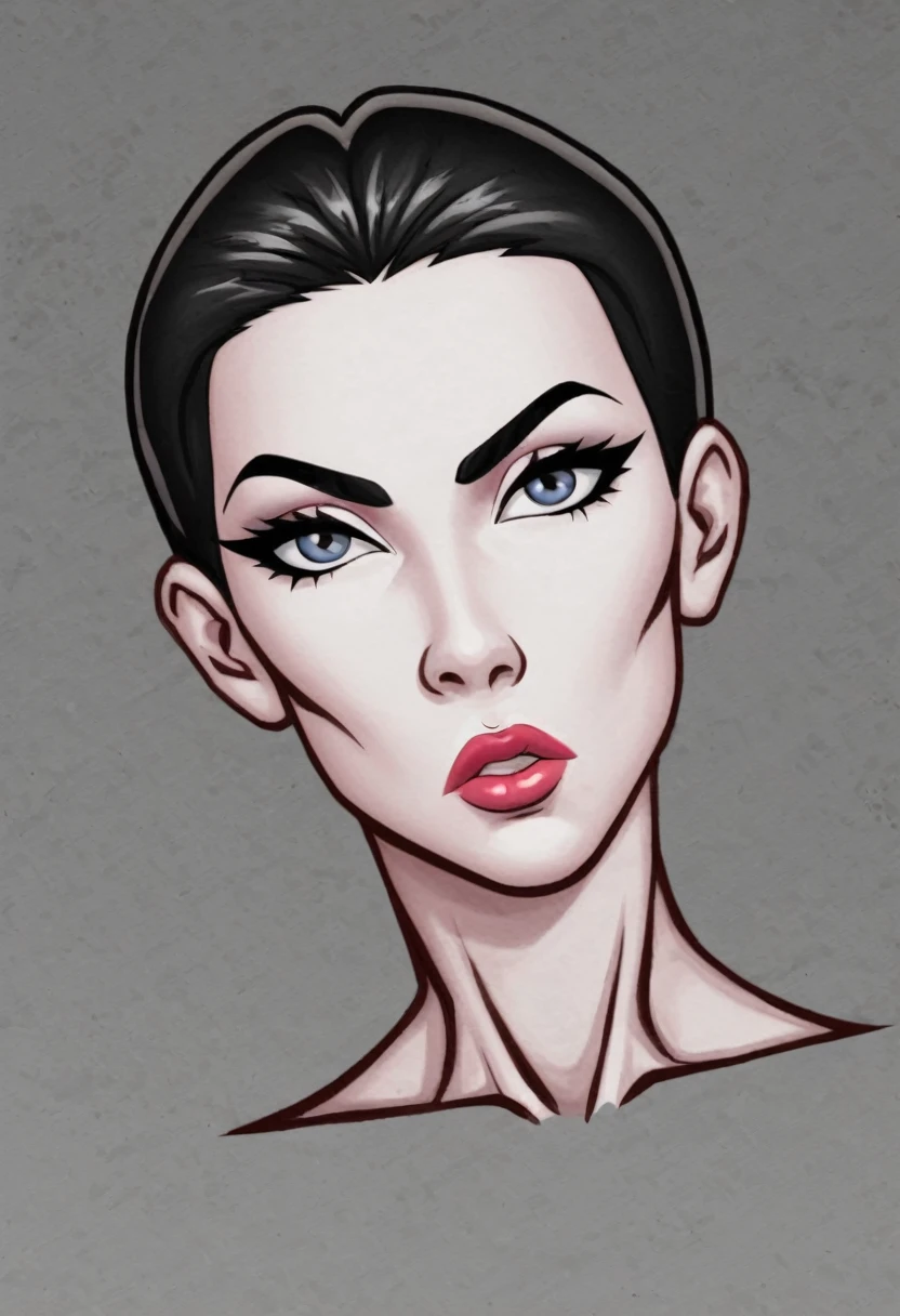 thick strokes, linear grosso, thick black linear, thick black linear thick black linear, thin chin, low lips, thin and small eyes, serious look, pale skin, thick strokes, linear grosso, thick black linear, cartoon