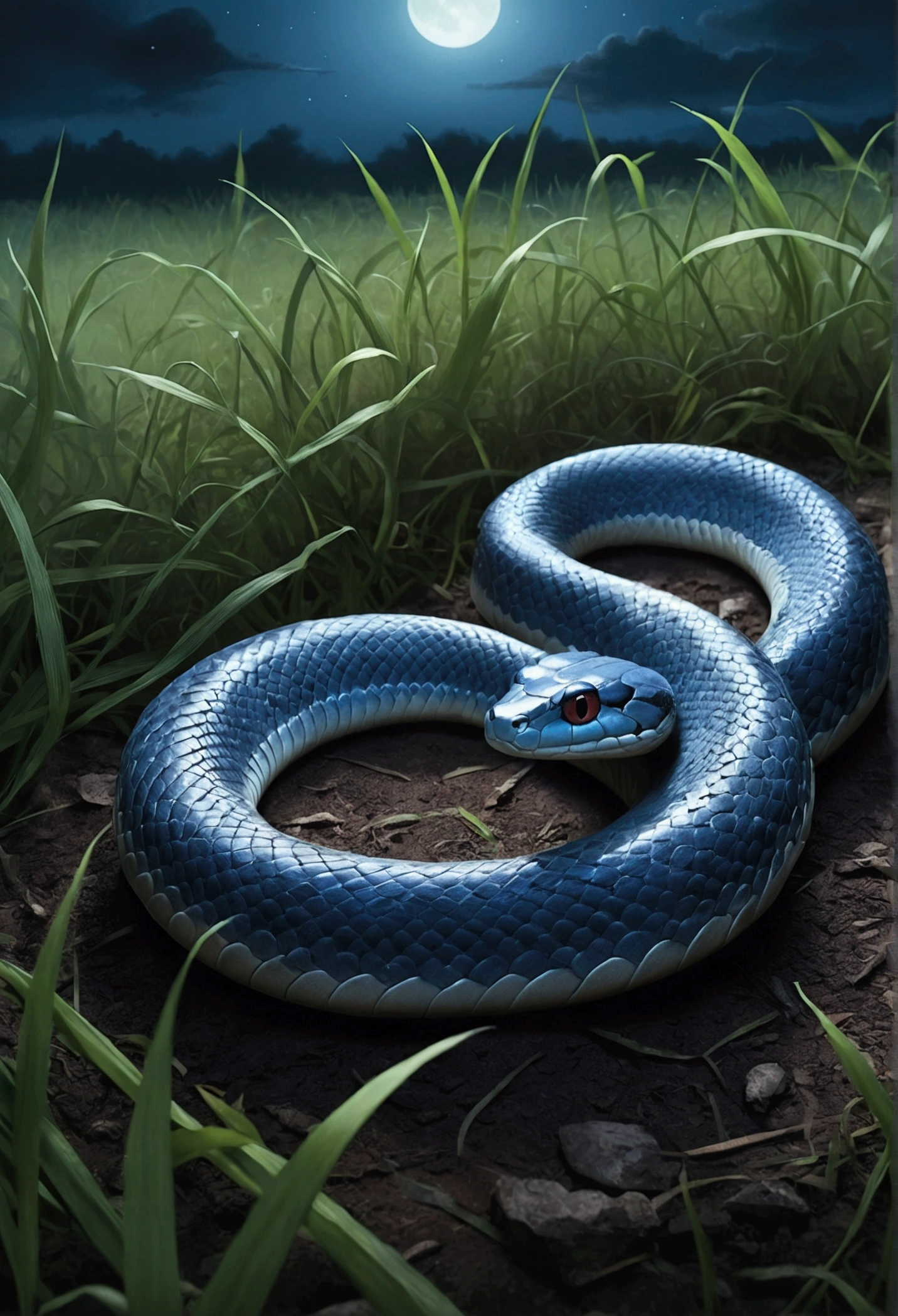 A small blue snake，on a grassy field，With his eyes closed，Eerie light，Dark night，high high quality，fog atmosphere，(Chinese folk suspense supernatural comic style),High detail, Sharp focus, Dramatic，The art of painting by Midjourney and Greg Rutkowski, Bokeh on the background，No Man, ad arms on the snake