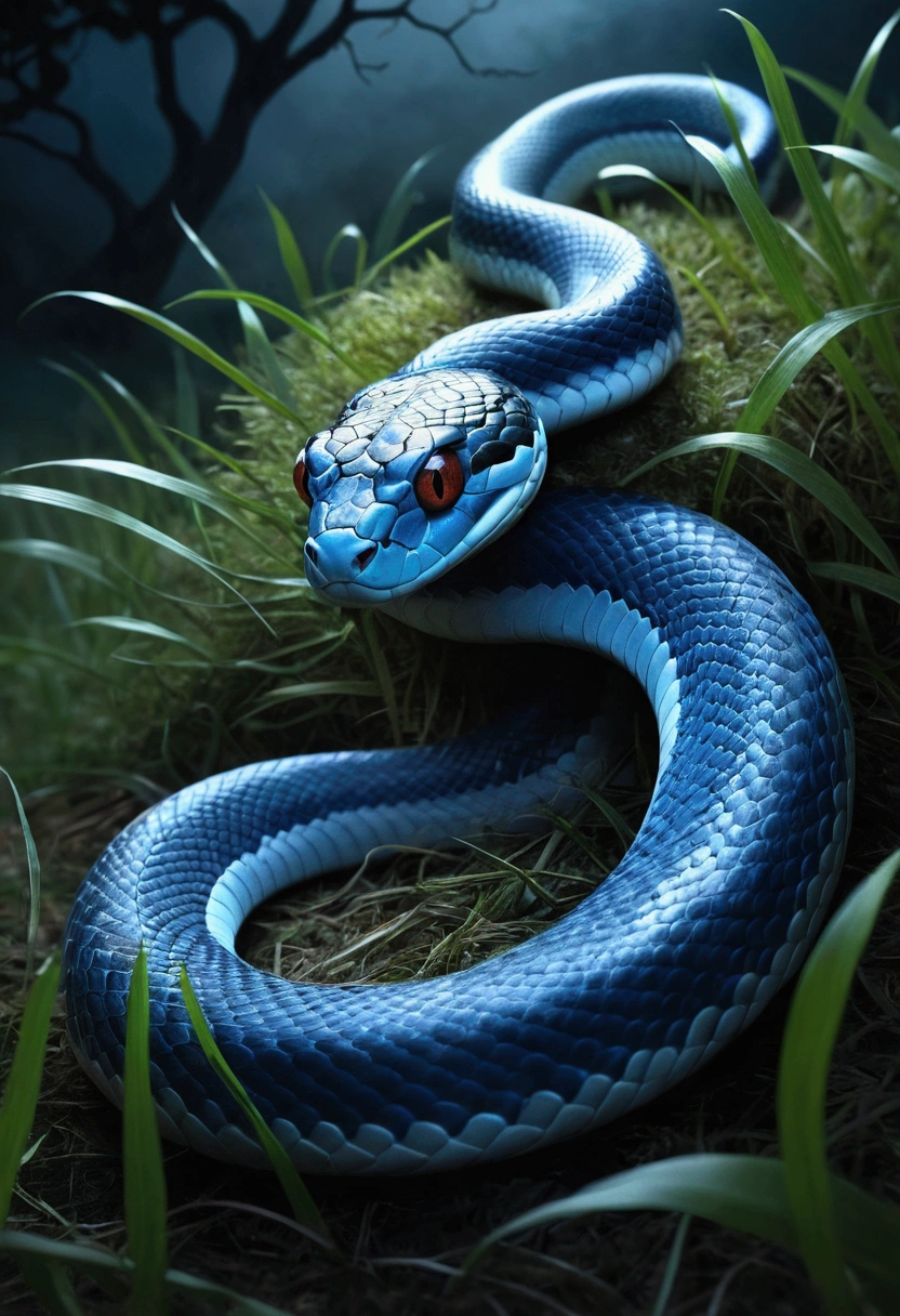 A small blue snake，on a grassy field，With his eyes closed，Eerie light，Dark night，high high quality，fog atmosphere，(Chinese folk suspense supernatural comic style),High detail, Sharp focus, Dramatic，The art of painting by Midjourney and Greg Rutkowski, Bokeh on the background，No Man, ad arms on the snake