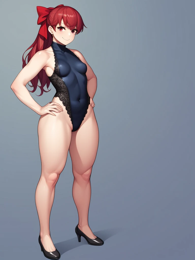 ((mature)), Kasumi Yoshizawa has become a mature woman, Realistic denim texture, chubby upper body but small breasts, dskasumi, red hair, long hair, ponytail, red eyes, hair bow, 1girl, solo, ((height 150cm)), ((leotard)), ((lace leotard)), thick thighs, Bow legs, Beautiful face but chubby face, Chubby kasumi yoshizawa, Hands on hips, Stand up straight, ((Full body)), (low head 1.5), A little chubby body type and small breasts, masterpiece, ((small breasts)), thick legs++, Full body+, Solo, Swollen face, 1 woman, thick thighs, solo, simple background, masterpiece, best quality, A chubby figure that seems real, smile, 
BREAK, red ribbon
gym, cinematic, game cg, official art, masterpiece, best quality
