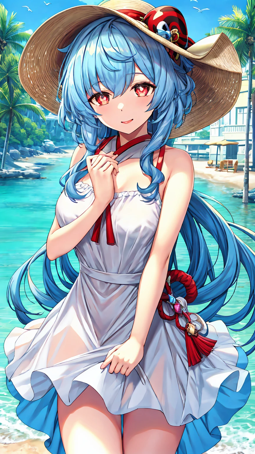 (Highest quality, masterpiece:1.4) , (Absurd:1.2), Complex, One girl, alone, Cinema Lighting, ganyu \(genshin impact\), elongated pupils, Fairy, Pointed Ears, Blue Hair, length hair, Red eyes, bangs, lips, ocean returnground, sundress, Straw hat, arms_behind_return, smile, blush,Beach,barefoot, detailed returnground, Are standing, full_body, white_dress, length_dress, detailed clothing folds, transparent_clothing, SFW, see-through dress, See-through silhouette,(Moderate_chest:0.4), 日没 break looking at viewer, (Cowboy Shot:1.5), smile,下から構figure, Thighs, セクシー break (masterpiece:1.2), Highest quality, High resolution, unity 8k wallpaper, (figure:0.8), (美しいFine grain:1.6), Highly detailed face, Perfect lighting, Highly detailed CG, (Perfect hands, Perfect Anatomy) break ((masterpiece,Highest quality)), Super detailed, Shine, Shine光, Ray Tracing, (Perfect Face, Detailed face, Fine grain, Perfect hands, Perfect Fingers:1.5), HD, Super cute face, Highest quality, Super detailed break Shine目, (Highest qualityの写実的なイラスト), (Super fine), (Cute illustrations:1.3), (High chroma:1.3), Beautiful detailed face and eyes, Dynamic lighting, (Very delicate and beautiful) break (Nice hands), (Perfect hands:1.4), Highly detailed illustration, Super cute and beautiful, Highest quality, slender, ,Baby Face,