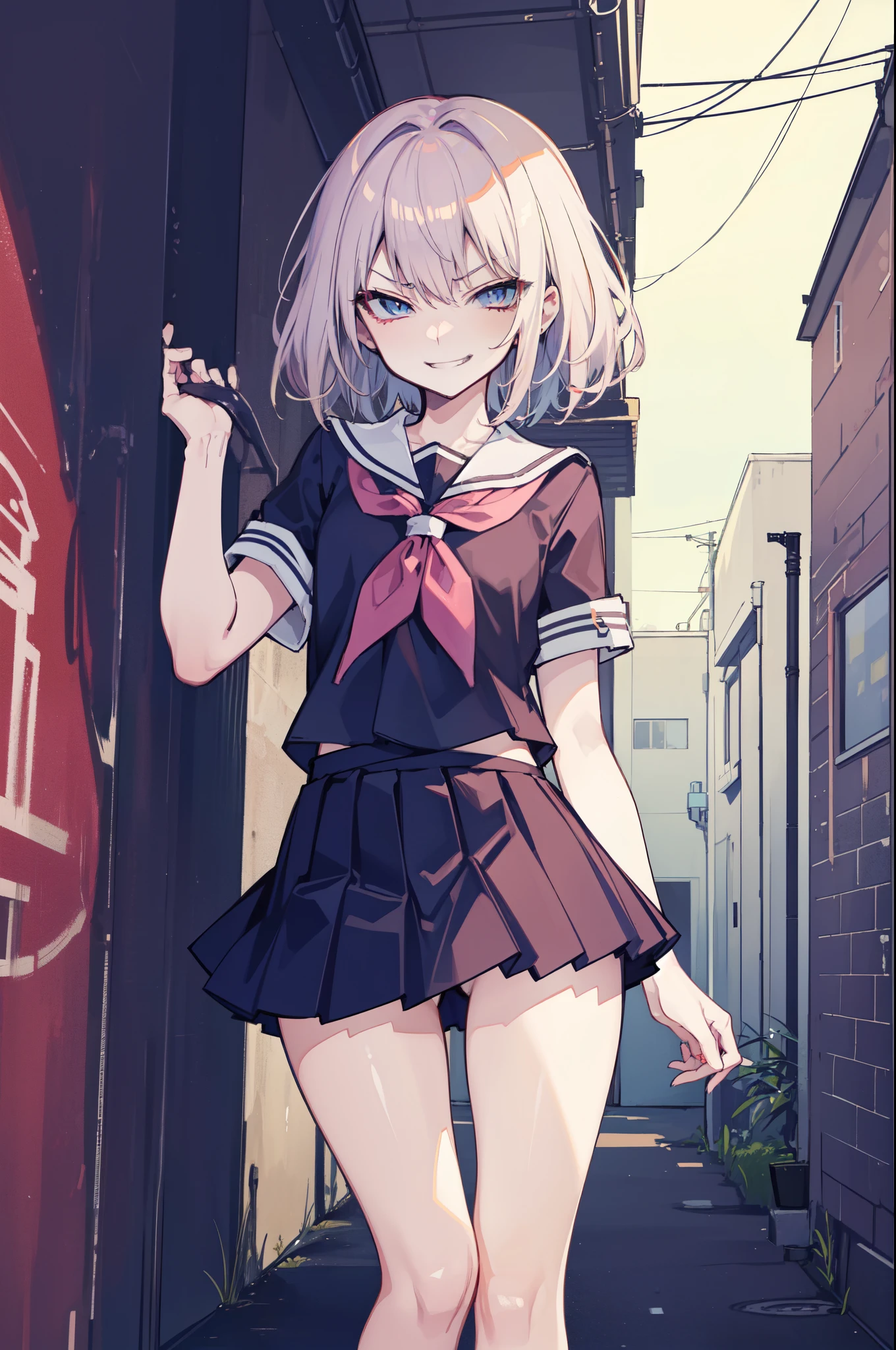 (hentai:1.1), (ideal:1.1), (perfection:1.1), (highest quality:1.2), (best quality:1.2), hentai style, (alley:1.1), 1girl, (sexy body:1.1), (evil smirk:1.2), (loli:0.9), slutty, (school uniform:1.1), detailed body, sexy thighs, small breasts, short hair, high quality eyes, 4K, highest quality resolution, best quality resolution, best quality upscale,
