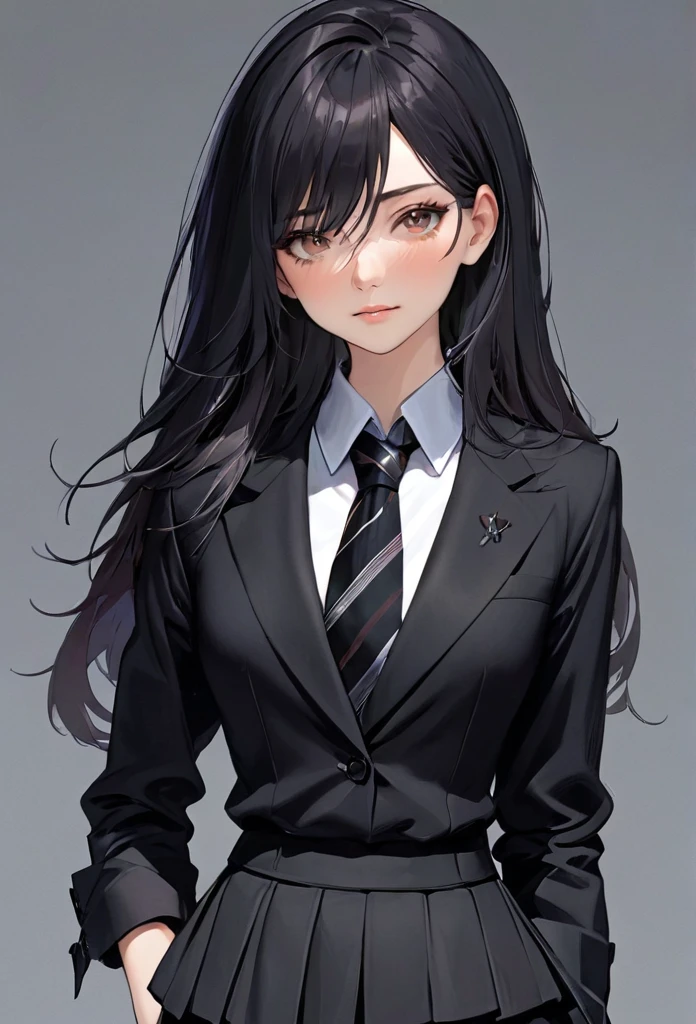 hair: Long, glatte graue hair, that reach to the waist. Die hair haben einen leichten Glanz und sind gut gepflegt.eyes: Auffällig rote eyes, die kontrastreich zu den grauen hairn und der dunklen attire wirken. They radiate determination and perhaps even a certain mystery.face: Ein markantes face mit scharfen, clear lines. There is a cut or scar over one eye, die entweder gerade über die eyesbraue verläuft oder etwas diagonal. This scar gives her a rough and combative look.attire:oberteil: An elegant black shirt, that fits perfectly to her slim figure. The shirt is neatly buttoned and accentuates her figure.Rock: A knee-length black skirt, which gives her a feminine, but at the same time gives a strict appearance.blazer: Ein schwarzer blazer, which is perfectly cut and accentuates her shoulders. Der blazer ist leicht tailliert und vermittelt eine professionelle Ausstrahlung.necktie: Eine schwarze necktie, accurately bound, which underlines your formal appearance.Accesories:shoes: black, elegante shoes, that match your formal outfit and may have a slight heel.jewellery: Wenig bis gar kein jewellery, to preserve the simple and strict appearance.