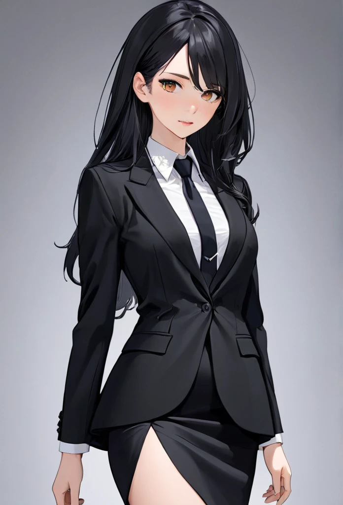 hair: Long, glatte graue hair, that reach to the waist. Die hair haben einen leichten Glanz und sind gut gepflegt.eyes: Auffällig rote eyes, die kontrastreich zu den grauen hairn und der dunklen attire wirken. They radiate determination and perhaps even a certain mystery.face: Ein markantes face mit scharfen, clear lines. There is a cut or scar over one eye, die entweder gerade über die eyesbraue verläuft oder etwas diagonal. This scar gives her a rough and combative look.attire:oberteil: An elegant black shirt, that fits perfectly to her slim figure. The shirt is neatly buttoned and accentuates her figure.Rock: A knee-length black skirt, which gives her a feminine, but at the same time gives a strict appearance.blazer: Ein schwarzer blazer, which is perfectly cut and accentuates her shoulders. Der blazer ist leicht tailliert und vermittelt eine professionelle Ausstrahlung.necktie: Eine schwarze necktie, accurately bound, which underlines your formal appearance.Accesories:shoes: black, elegante shoes, that match your formal outfit and may have a slight heel.jewellery: Wenig bis gar kein jewellery, to preserve the simple and strict appearance.