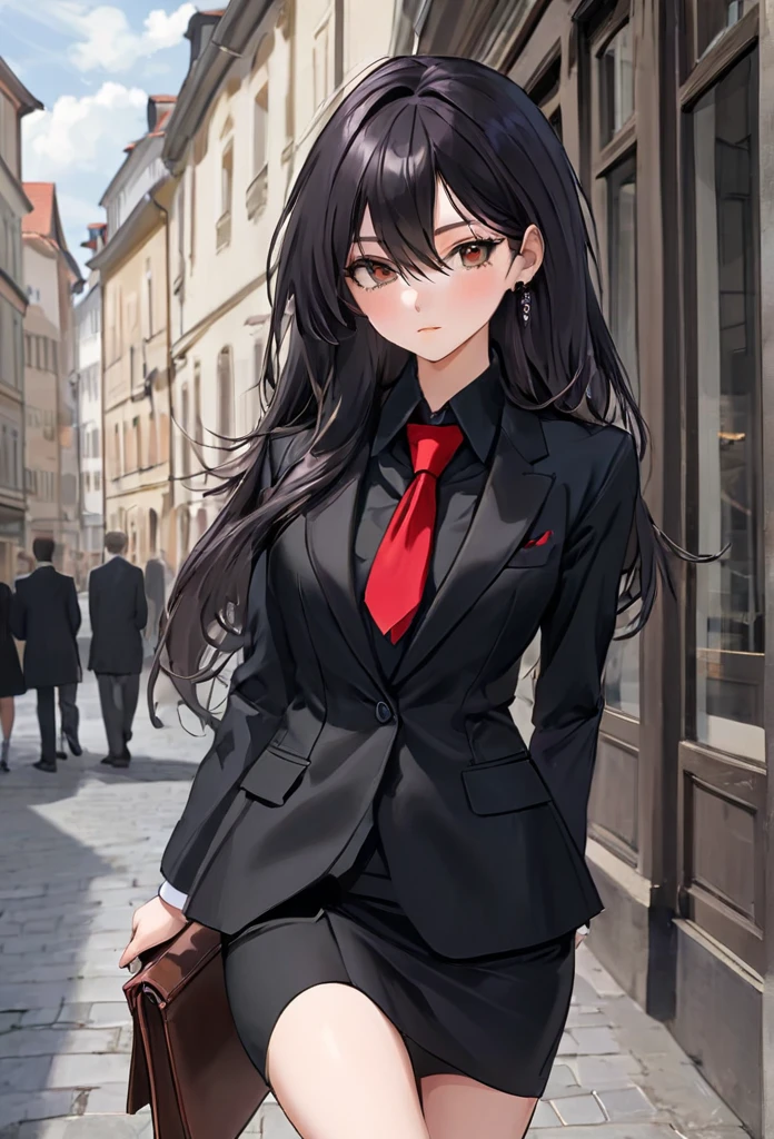 hair: Long, glatte graue hair, that reach to the waist. Die hair haben einen leichten Glanz und sind gut gepflegt.eyes: Auffällig rote eyes, die kontrastreich zu den grauen hairn und der dunklen attire wirken. They radiate determination and perhaps even a certain mystery.face: Ein markantes face mit scharfen, clear lines. There is a cut or scar over one eye, die entweder gerade über die eyesbraue verläuft oder etwas diagonal. This scar gives her a rough and combative look.attire:oberteil: An elegant black shirt, that fits perfectly to her slim figure. The shirt is neatly buttoned and accentuates her figure.Rock: A knee-length black skirt, which gives her a feminine, but at the same time gives a strict appearance.blazer: Ein schwarzer blazer, which is perfectly cut and accentuates her shoulders. Der blazer ist leicht tailliert und vermittelt eine professionelle Ausstrahlung.necktie: Eine schwarze necktie, accurately bound, which underlines your formal appearance.Accesories:shoes: black, elegante shoes, that match your formal outfit and may have a slight heel.jewellery: Wenig bis gar kein jewellery, to preserve the simple and strict appearance.