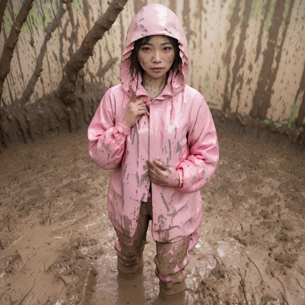 asian lady, cute pose, ((pink buttoned up raincoat)), ((wearing raincoat hood)), tall pink rain boots, ((((muddy splatters)))), ((mud dripping down raincoat)),  intricate details, highly detailed, masterpiece, 8k, photorealistic, cinematic lighting, vibrant colors, soft focus, elegant, feminine, beautiful, serene, graceful