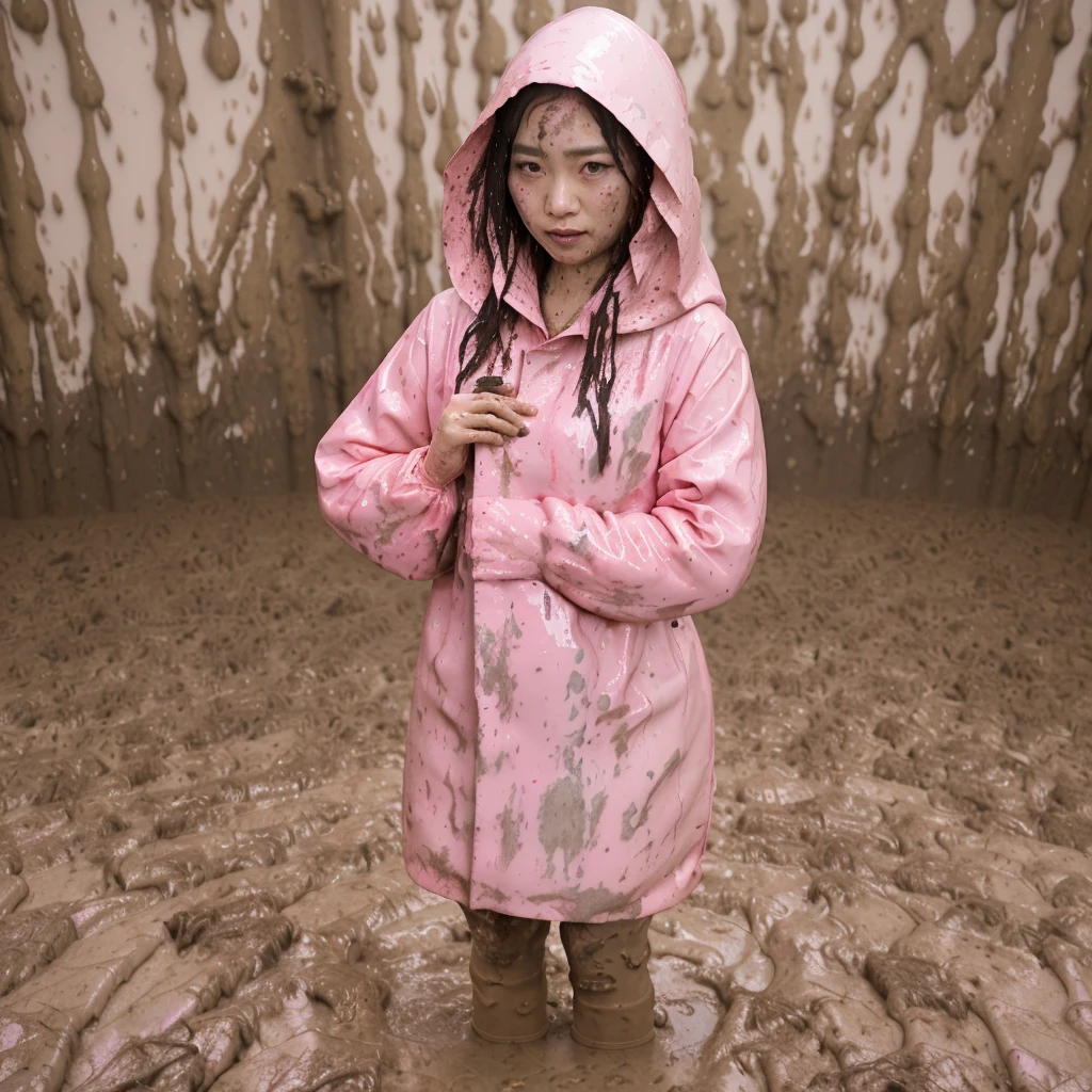 asian lady, cute pose, ((pink buttoned up raincoat)), ((wearing raincoat hood)), tall pink rain boots, ((((muddy splatters)))), ((mud dripping down raincoat)), intricate details, highly detailed, masterpiece, 8k, photorealistic, cinematic lighting, vibrant colors, soft focus, elegant, feminine, beautiful, serene, graceful