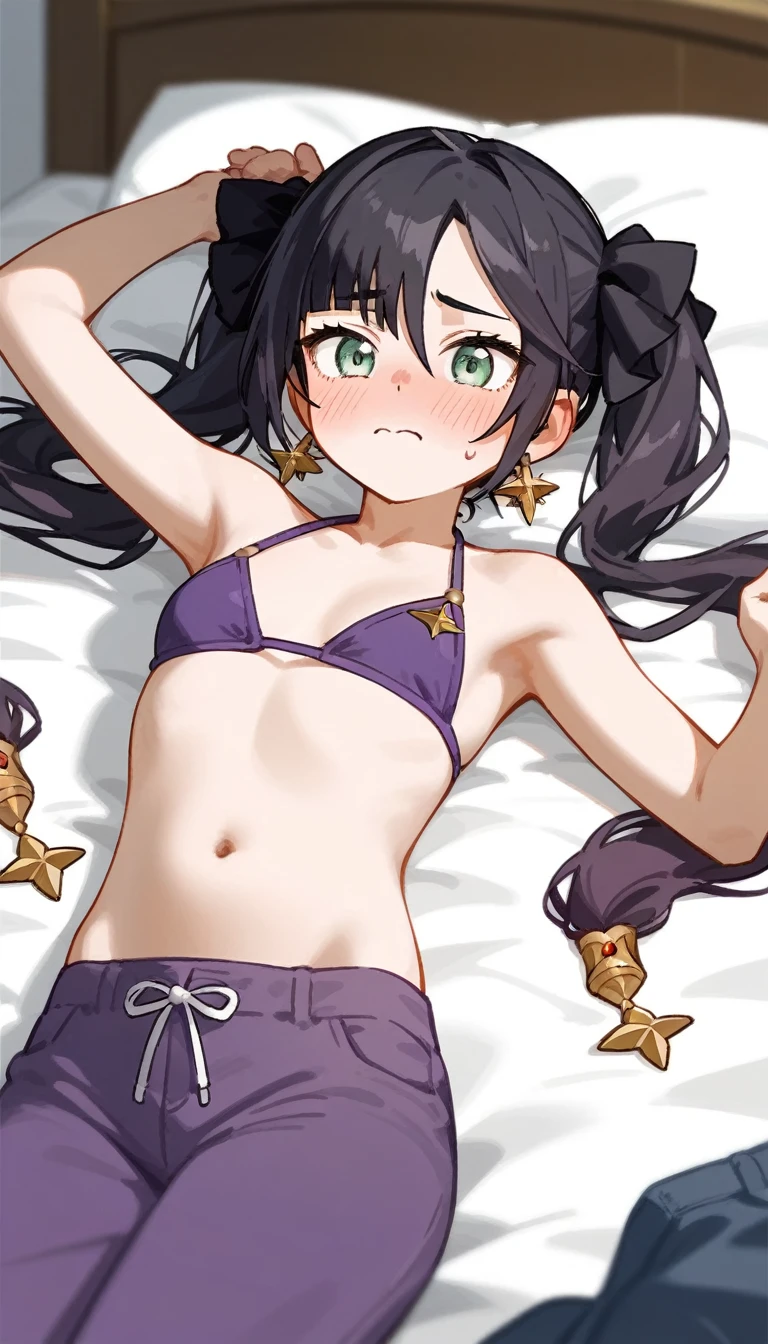 masterpiece,Ultra HD,score_4_onBREAK source_anime,可愛いanimeイラスト, One Girl, alone, Mona XL, Long black hair, Green Eyes, tsurime, Twin tails, Medium Chest, View your audience,Embarrassed,Bed,Lying down,Purple Bikini,nsfw,A man takes off his pants,