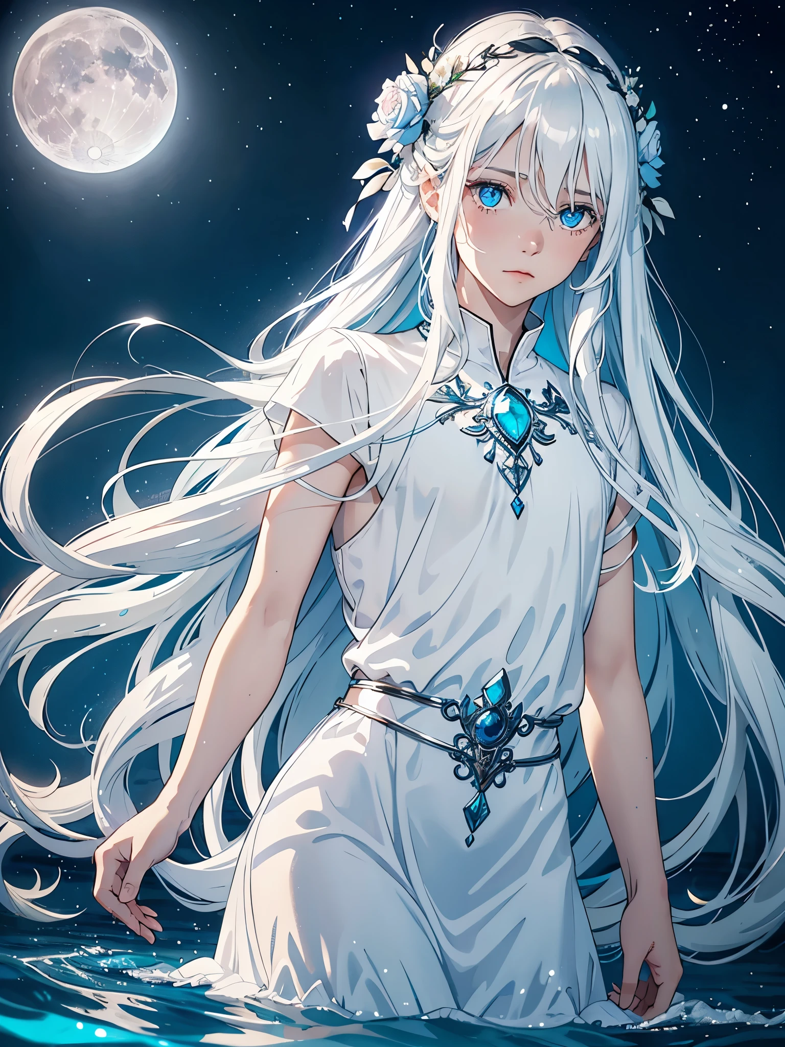 Viele blaue Blumen. Long hair. long white hair. aquatic, boy, Goddess of the Moon, silver hair accessories, White hair, White dress, cape, at night, saturated colors, light eyes, bright, light blue light, blue eyes, Jewelry silver, bluish light, Full moon in the background, aquatic in der Luft rosa kerzen