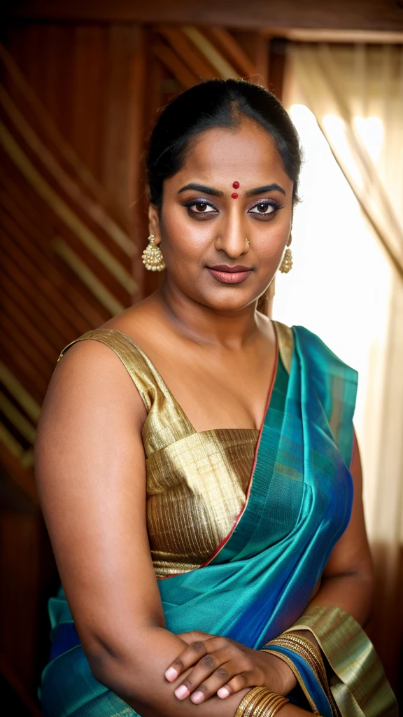 Foto RAW, photorealistic, photography, full body shot, 50 years old Woman, master shot, perfect eyes, goddess like beauty, pierced eyes, perfect thick chubby mallu Desi aunty bhabhi, Wearing a Stanapatta, a chest-band.Saree model, model Photography, Indian saree shoot, Indian traditional wear advertising photography, traditional wear brand shoot, face of Indian actress Sonakshi Sinha, masterpiece, realistic, realism, incredible details,  pleasure, photorealism, detailed skin, skin pores, high contrast, photorealistic Artstation 8k HD digital art trend of high definition and detailed realistic skin texture, ultra detail, realistic skin texture, armature, best quality, ultra high definition, (photorealistic:1.4),, high resolution, detail, raw photo, sweat, Re sharp, by Lee Jefferies Nikon D850 Film Stock Photo 4 Kodak Portra 400 Camera F1.6 Lens Rich Color Ultra Real Realistic Realistic Textures Dramatic Lighting Unreal Engine Trending at Art Station Cinestill 800,(pele altamente detalhada: 1.2), 8k UHD, DSLR, soft-lighting, alta qualidade, grain of film, Fujifilm XT3,she didn't like to wear blouse or bra, she is happy to wear only saree, she hates blouse or bra, detailed hairy armpits, hyper realistic skin, skin pores, sweat, veins, short hairs on armpit, stubble armpits, hyper realistic hairy armpits, low waist saree, 