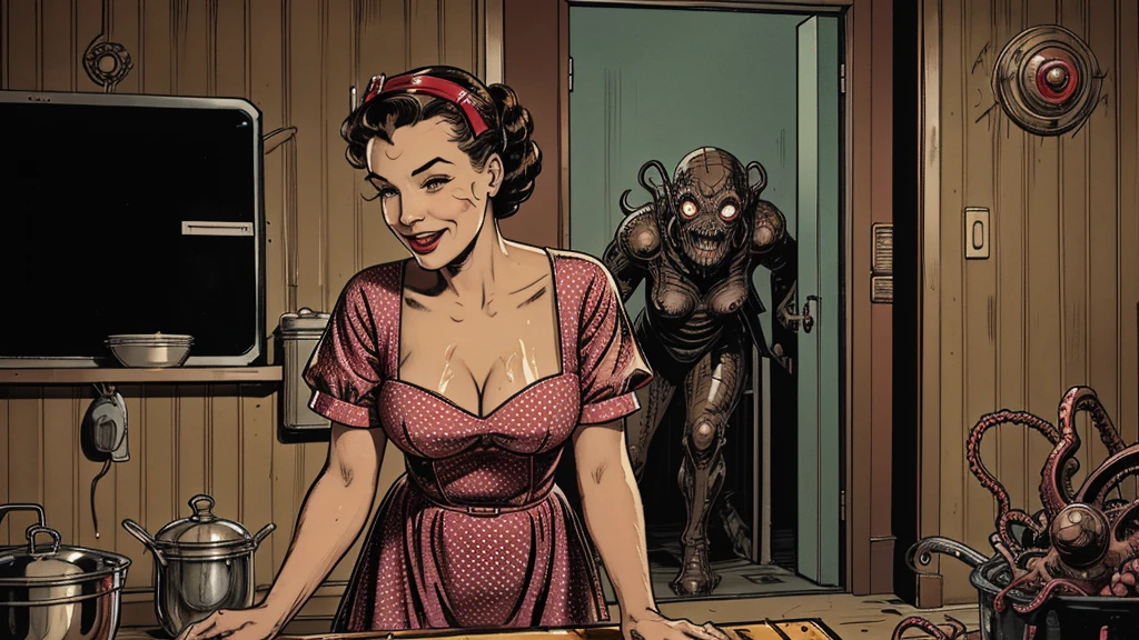 The vintage advertisement appears to celebrate 1950s domesticity at first glance. In the foreground, a smiling housewife poses holding a vintage vacuum, embodying the can-do attitude of the era's homemakers. She wears a classic polka-dot dress with a modest sweetheart neckline that hints at her shapely figure. Perfectly coiffed brunette curls frame her made-up face.
However, a closer look reveals a darker, sinister presence. Looming behind the housewife, visible through the open doorway of her cheerful kitchen, is the unmistakable form of a grotesque, multi-tentacled monster straight out of a sci-fi horror tale. Tentacled monster, tentacled monster, tentacled monster, tentacled monster.
The creature's putrid, gelatinous flesh seems to slough from its pulsating form, already staining the cheerful checkerboard tiles. Countless grotesque appendages whip through the air, knocking over cherry-red kitchen accessories. One deformed tentacle, lined with rows of serrated fangs, creeps ever closer to the oblivious housewife.
But the homemaker's plastic smile remains unwavering, her upbeat pose entirely at odds with the literal kitchen nightmare unfolding behind her. The vacuum she holds looks comically inadequate against the spawning abomination.
The bold text overlay reads: "With Maybelle's, Even Cosmic Horrors Are No Match for a Housewife's Gumption!" The tagline jarringly combines the idyllic 1950s household with a hint of schlocky, drive-in movie camp.
Blending the saccharine-sweet feminine ideals of the era with a full-blown sci-fi monster invasion, the advertisement presents a deliriously incongruous juxtaposition of prim domesticity and terrifying, tentacled chaos.