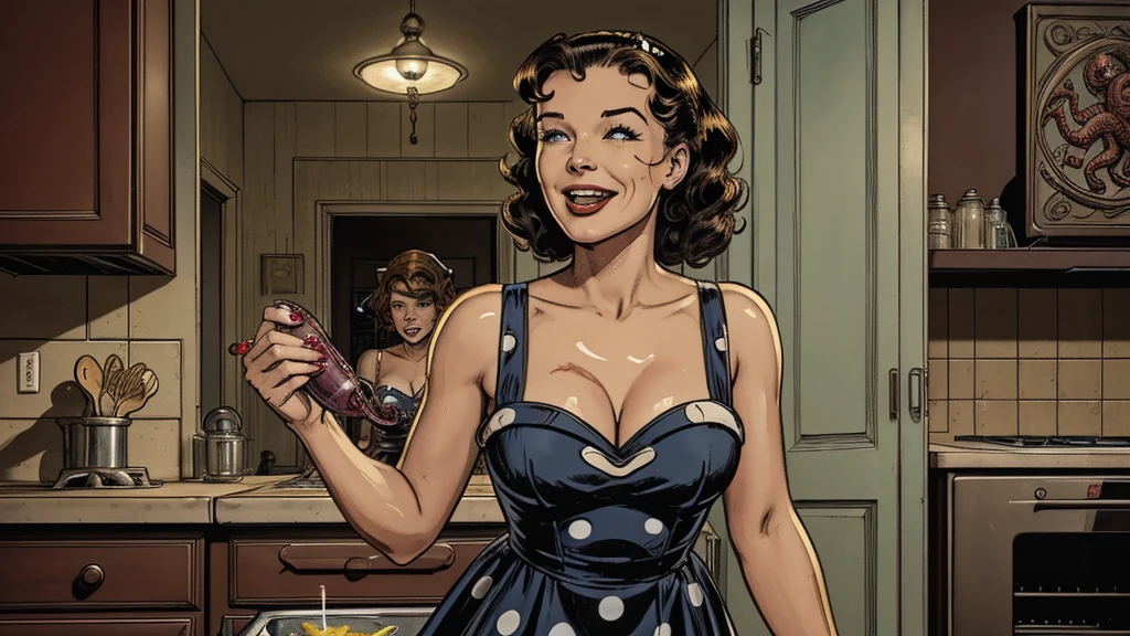 The vintage advertisement appears to celebrate 1950s domesticity at first glance. In the foreground, a smiling housewife poses holding a vintage vacuum, embodying the can-do attitude of the era's homemakers. She wears a classic polka-dot dress with a modest sweetheart neckline that hints at her shapely figure. Perfectly coiffed brunette curls frame her made-up face.
However, a closer look reveals a darker, sinister presence. Looming behind the housewife, visible through the open doorway of her cheerful kitchen, is the unmistakable form of a grotesque, multi-tentacled monster straight out of a sci-fi horror tale. Tentacled monster, tentacled monster, tentacled monster, tentacled monster.
The creature's putrid, gelatinous flesh seems to slough from its pulsating form, already staining the cheerful checkerboard tiles. Countless grotesque appendages whip through the air, knocking over cherry-red kitchen accessories. One deformed tentacle, lined with rows of serrated fangs, creeps ever closer to the oblivious housewife.
But the homemaker's plastic smile remains unwavering, her upbeat pose entirely at odds with the literal kitchen nightmare unfolding behind her. The vacuum she holds looks comically inadequate against the spawning abomination.
The bold text overlay reads: "With Maybelle's, Even Cosmic Horrors Are No Match for a Housewife's Gumption!" The tagline jarringly combines the idyllic 1950s household with a hint of schlocky, drive-in movie camp.
Blending the saccharine-sweet feminine ideals of the era with a full-blown sci-fi monster invasion, the advertisement presents a deliriously incongruous juxtaposition of prim domesticity and terrifying, tentacled chaos.