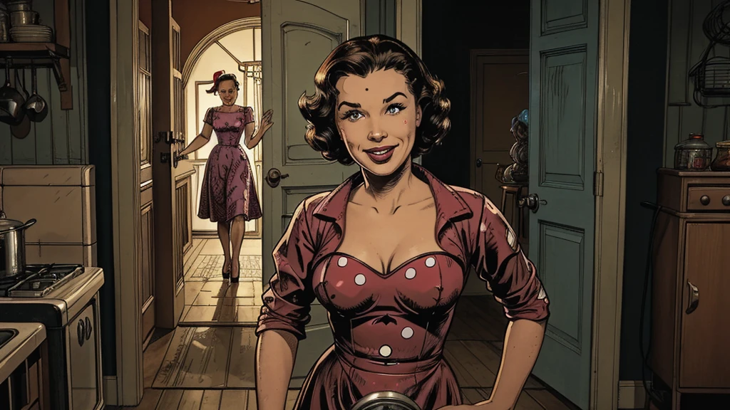 The vintage advertisement appears to celebrate 1950s domesticity at first glance. In the foreground, a smiling housewife poses holding a vintage vacuum, embodying the can-do attitude of the era's homemakers. She wears a classic polka-dot dress with a modest sweetheart neckline that hints at her shapely figure. Perfectly coiffed brunette curls frame her made-up face.
However, a closer look reveals a darker, sinister presence. Looming behind the housewife, visible through the open doorway of her cheerful kitchen, is the unmistakable form of a grotesque, multi-tentacled monster straight out of a sci-fi horror tale. Tentacled monster, tentacled monster, tentacled monster, tentacled monster.
The creature's putrid, gelatinous flesh seems to slough from its pulsating form, already staining the cheerful checkerboard tiles. Countless grotesque appendages whip through the air, knocking over cherry-red kitchen accessories. One deformed tentacle, lined with rows of serrated fangs, creeps ever closer to the oblivious housewife.
But the homemaker's plastic smile remains unwavering, her upbeat pose entirely at odds with the literal kitchen nightmare unfolding behind her. The vacuum she holds looks comically inadequate against the spawning abomination.
The bold text overlay reads: "With Maybelle's, Even Cosmic Horrors Are No Match for a Housewife's Gumption!" The tagline jarringly combines the idyllic 1950s household with a hint of schlocky, drive-in movie camp.
Blending the saccharine-sweet feminine ideals of the era with a full-blown sci-fi monster invasion, the advertisement presents a deliriously incongruous juxtaposition of prim domesticity and terrifying, tentacled chaos.