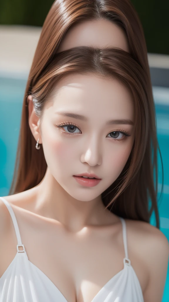 masutepiece, Best Quality, Illustration, Ultra-detailed, finely detail, hight resolution, 8K Wallpaper, Perfect dynamic composition, Beautiful detailed eyes , Pool, Sexy face