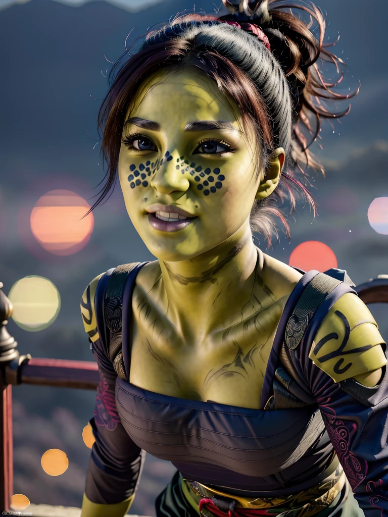 (best quality, masterpiece, beautiful and aesthetic:1.2, colorful, dynamic angle, highest detailed face)1girl,barissoffee, ninja, ninja_clothes, (green skin:1.4), facial tattoo,upper body portrait, looking at viewer, smiling(high contrast, official art, extreme detailed, highest detailed)