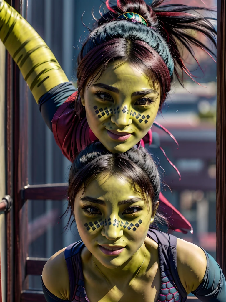 (best quality, masterpiece, beautiful and aesthetic:1.2, colorful, dynamic angle, highest detailed face)1girl,barissoffee, ninja, ninja_clothes, (green skin:1.4), facial tattoo,upper body portrait, looking at viewer, smiling(high contrast, official art, extreme detailed, highest detailed)