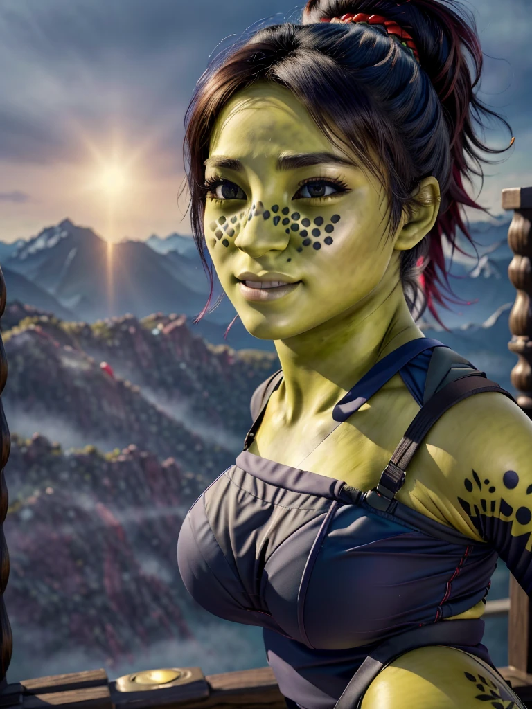 (best quality, masterpiece, beautiful and aesthetic:1.2, colorful, dynamic angle, highest detailed face)1girl,barissoffee, ninja, ninja_clothes, (green skin:1.4), facial tattoo,upper body portrait, looking at viewer, smiling(high contrast, official art, extreme detailed, highest detailed)