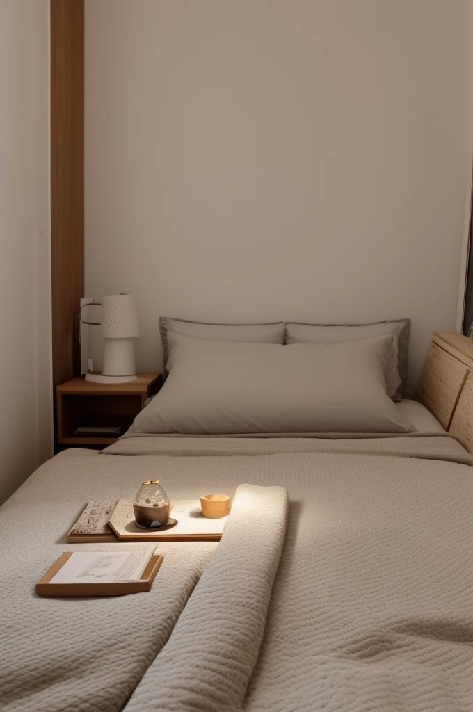 A bedroom that has a cozy and intimate atmosphere, perfect for relaxation and sleep. The room features a large window that overlooks a rainy cityscape, providing a moody and calming backdrop. The bed is covered with soft blankets and pillows, and a cat is peacefully resting on it, adding to the cozy vibe.
The room is decorated with various framed pictures on the wall, and there are warm, ambient lights and small lamps that create a soft glow. The bedside area is cluttered with books and plants, giving the space a lived-in and personal feel. The overall aesthetic is warm and inviting, making it an ideal spot for a restful night's sleep.