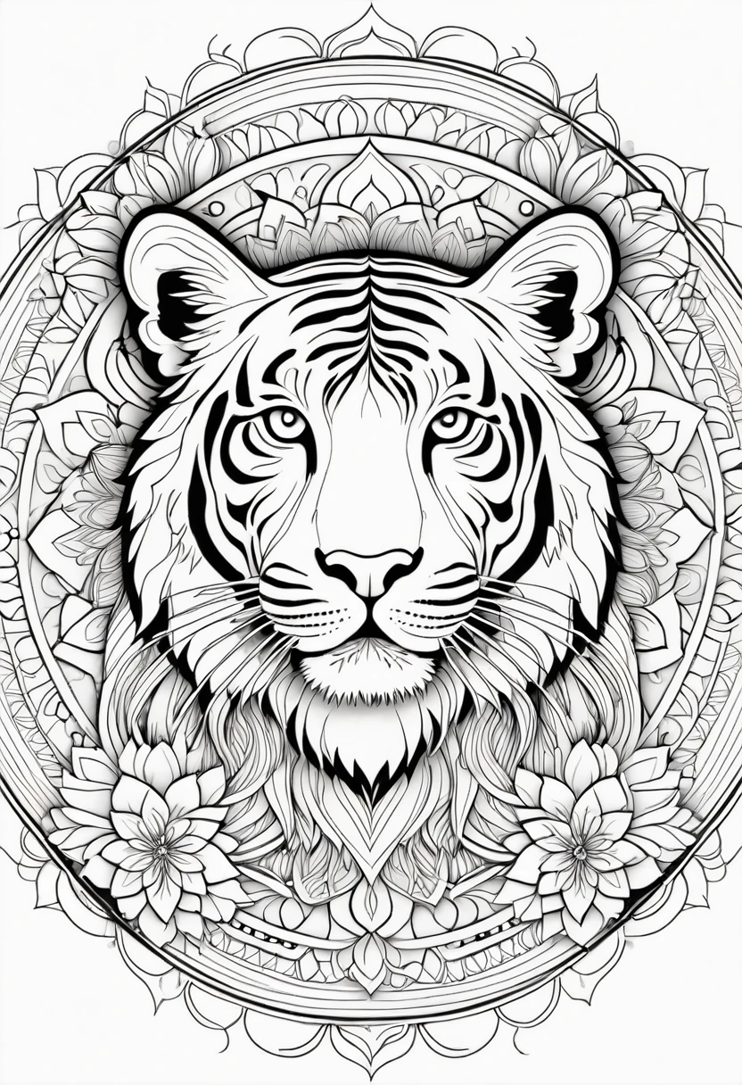 A striking black and white line art coloring page designed for adults with white background, featuring a majestic tiger in a mandala-inspired style. The tiger is adorned with intricate patterns that include floral and geometric designs, making it an engaging and detailed work of art. The illustration focuses on crisp, clean lines and bold outlines, without any shading or color, allowing the user to bring their own vibrancy to the piece. The minimalistic design, with its thick lines and absence of background details, creates a soothing coloring experience for adults seeking calming and creative activities. illustration