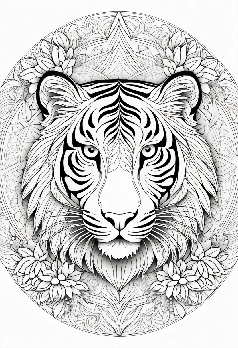 A striking black and white line art coloring page designed for adults with white background, featuring a majestic tiger in a mandala-inspired style. The tiger is adorned with intricate patterns that include floral and geometric designs, making it an engaging and detailed work of art. The illustration focuses on crisp, clean lines and bold outlines, without any shading or color, allowing the user to bring their own vibrancy to the piece. The minimalistic design, with its thick lines and absence of background details, creates a soothing coloring experience for adults seeking calming and creative activities. illustration