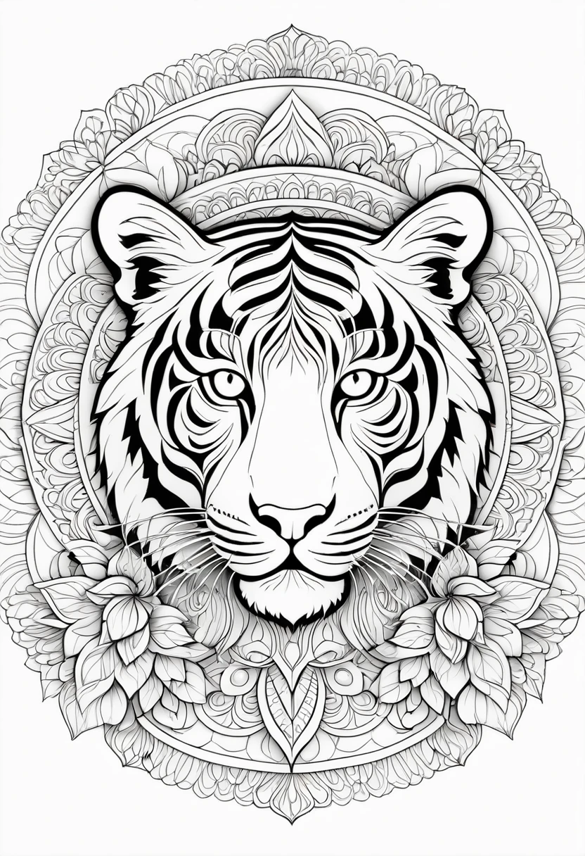 A striking black and white line art coloring page designed for adults with white background, featuring a majestic tiger in a mandala-inspired style. The tiger is adorned with intricate patterns that include floral and geometric designs, making it an engaging and detailed work of art. The illustration focuses on crisp, clean lines and bold outlines, without any shading or color, allowing the user to bring their own vibrancy to the piece. The minimalistic design, with its thick lines and absence of background details, creates a soothing coloring experience for adults seeking calming and creative activities. illustration