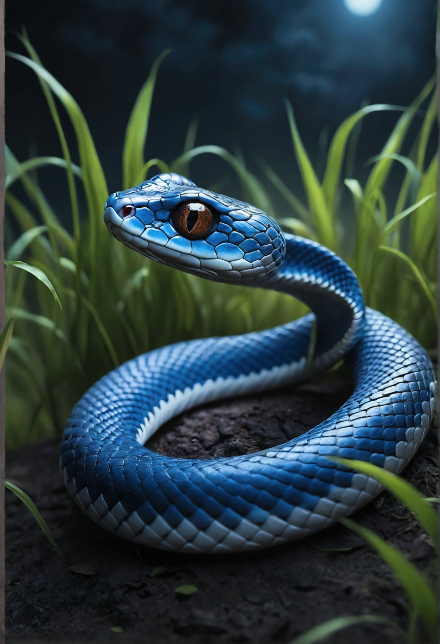 A small blue snake,on a grassy field,With his eyes closed,Eerie light,Dark night,high high quality,fog atmosphere,(Chinese folk suspense supernatural comic style),High detail, Sharp focus, Dramatic,The art of painting by Midjourney and Greg Rutkowski, Bokeh on the background,No Man, Sprouting wings