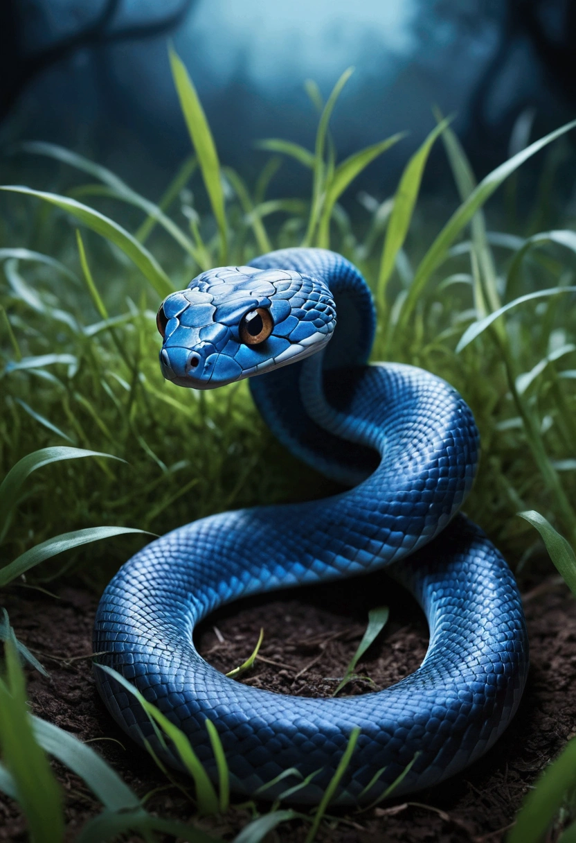 A small blue snake,on a grassy field,With his eyes closed,Eerie light,Dark night,high high quality,fog atmosphere,(Chinese folk suspense supernatural comic style),High detail, Sharp focus, Dramatic,The art of painting by Midjourney and Greg Rutkowski, Bokeh on the background,No Man, Sprouting wings