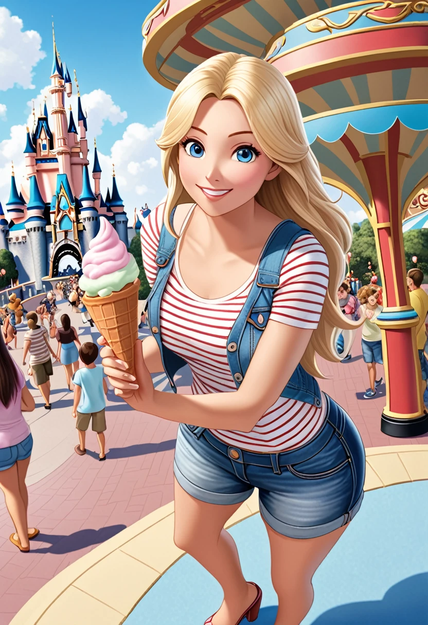 arafed woman in a white striped t-shirt, denim vest and denim skirt holding a cone of ice cream at Disney Land, casual pose, shooting pose, highly detailed giantess shot, full body, official artwork
