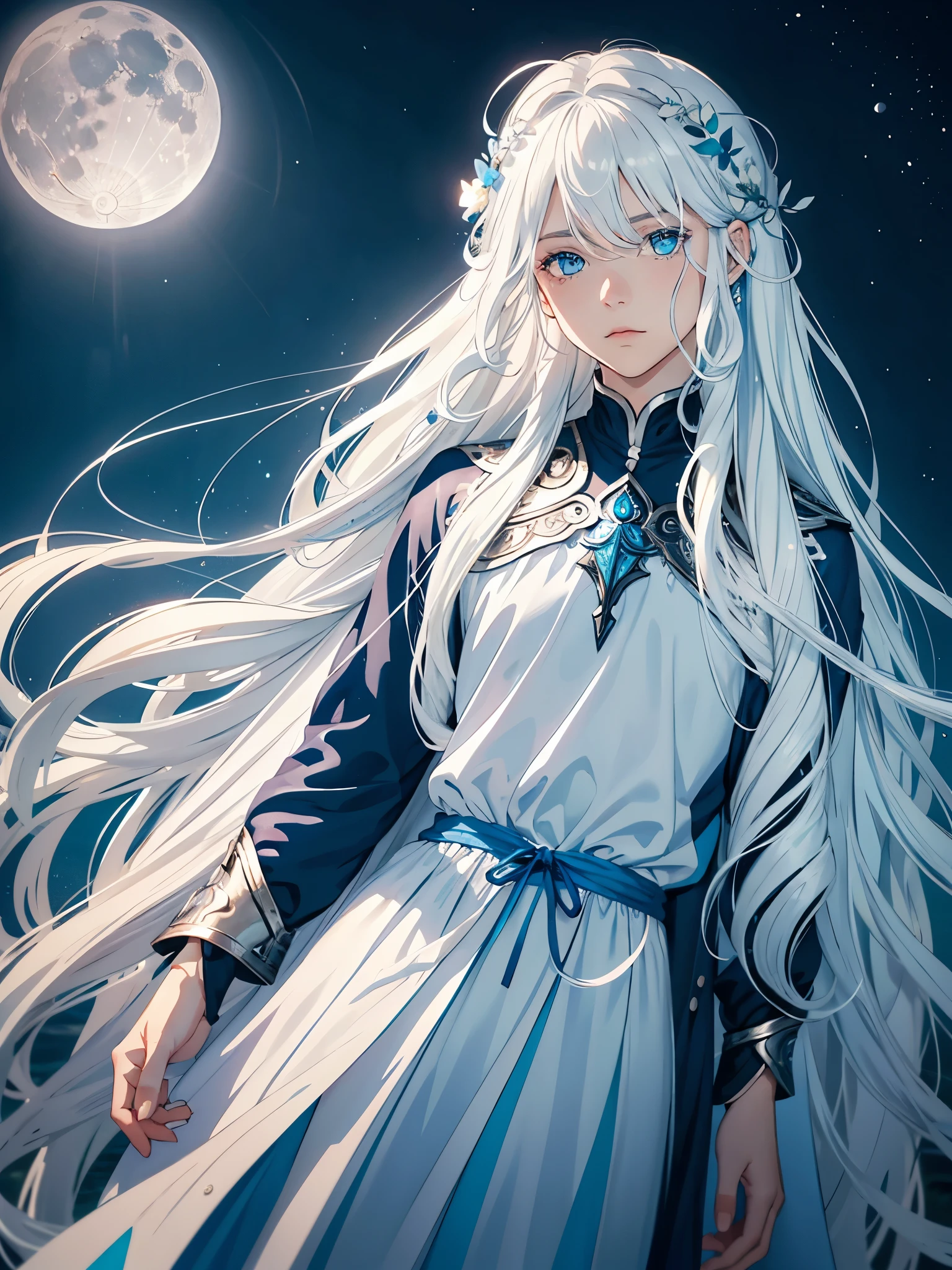 Viele blaue Blumen. Long hair. long white hair. aquatic, boy, Goddess of the Moon, silver hair accessories, White hair, White dress, cape, at night, saturated colors, light eyes, bright, light blue light, blue eyes, Jewelry silver, bluish light, Full moon in the background, aquatic in der Luft rosa kerzen
