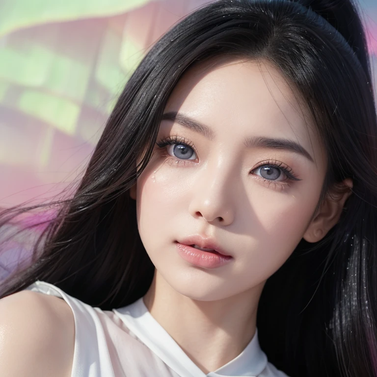 Southeast Asian Araaf woman with a round face,Posing for pictures,Look at the audience, ,ภาพสามมิติ 8K,ไฟสีHigh quality 45,000,000,000 pixels, photo, post-trade photo, animation , black eyes ตาสองชั้น, black eyes, Thai anime, ponytail woman, flowing black hair, long flowing black hair, she has black hair, Her black hair was long and wavy., beautiful black hair, Extra dark natural black hair, (A pure and flawless face:), (Big eyes and makeup, Sexy wet eye makeup, The makeup and hair are beautiful and very meticulous., photoดิบ, photoที่ดีที่สุด, high resolution, best quality, photoที่ดีที่สุด, The truest color tone, Masterpiece, best beauty brands,  photoจริงของแบรนด์, dark studio, border light, Two tone light, (Pinkish white skin: 1.4), (High surface detail: 1.1), 8K, Good SLR, soft light, 8K, High quality, Straightforward, The sound level is smooth and clear., 10 times more pixels, The sexy goddess, The sexy goddess, (background space: 1.8), (The most beautiful aurora eyes: 1.7), beautiful eyes, (More details:0.8),