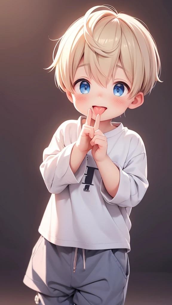 Cute little cute little boy standing up he is blonde and is sticking out his tongue and doing it with his fingers 👉🏻👈🏻