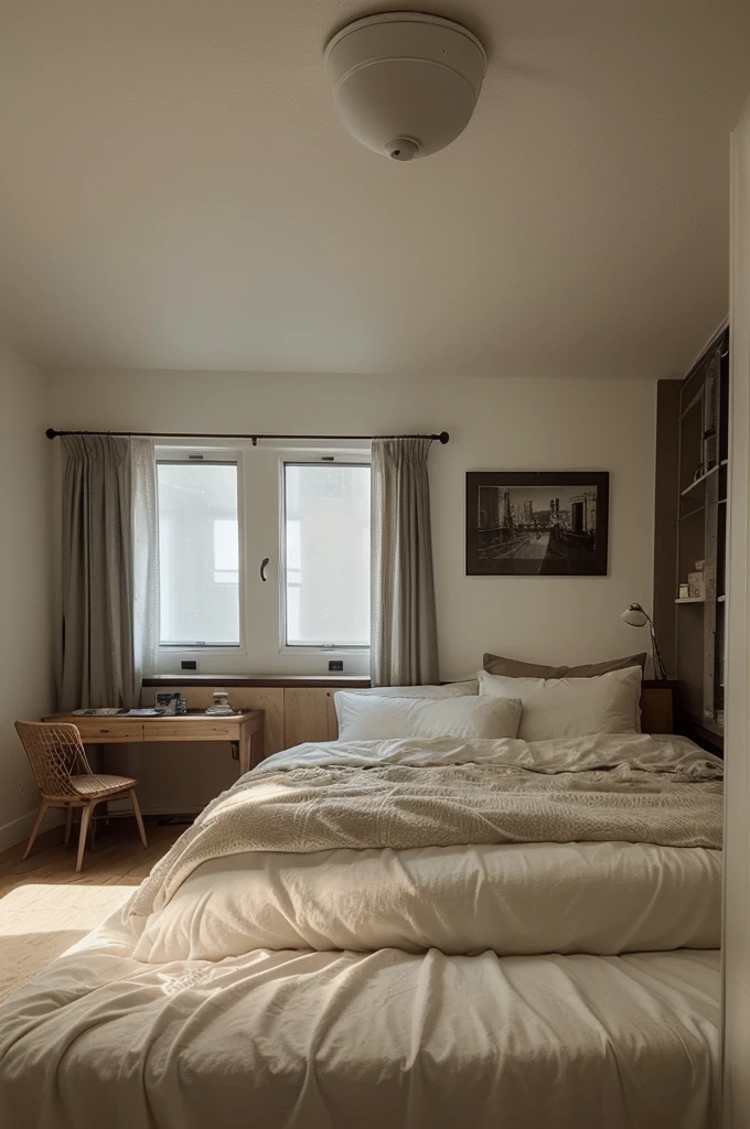 A bedroom that has a cozy and intimate atmosphere, perfect for relaxation and sleep. The room features a large window that overlooks a rainy cityscape, providing a moody and calming backdrop. The bed is covered with soft blankets and pillows, and a cat is peacefully resting on it, adding to the cozy vibe. 

The room is decorated with various framed pictures on the wall, and there are warm, ambient lights and small lamps that create a soft glow. The bedside area is cluttered with books and plants, giving the space a lived-in and personal feel. The overall aesthetic is warm and inviting, making it an ideal spot for a restful night's sleep.