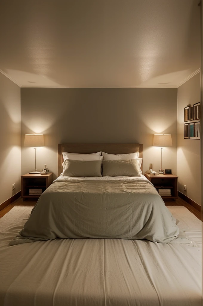 A bedroom that has a cozy and intimate atmosphere, perfect for relaxation and sleep. The room features a large window that overlooks a rainy cityscape, providing a moody and calming backdrop. The bed is covered with soft blankets and pillows, and a cat is peacefully resting on it, adding to the cozy vibe. 

The room is decorated with various framed pictures on the wall, and there are warm, ambient lights and small lamps that create a soft glow. The bedside area is cluttered with books and plants, giving the space a lived-in and personal feel. The overall aesthetic is warm and inviting, making it an ideal spot for a restful night's sleep.