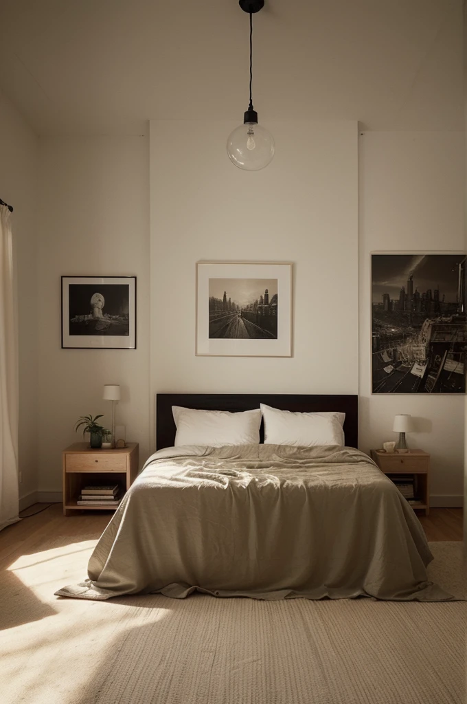 A bedroom that has a cozy and intimate atmosphere, perfect for relaxation and sleep. The room features a large window that overlooks a rainy cityscape, providing a moody and calming backdrop. The bed is covered with soft blankets and pillows, and a cat is peacefully resting on it, adding to the cozy vibe. 

The room is decorated with various framed pictures on the wall, and there are warm, ambient lights and small lamps that create a soft glow. The bedside area is cluttered with books and plants, giving the space a lived-in and personal feel. The overall aesthetic is warm and inviting, making it an ideal spot for a restful night's sleep.