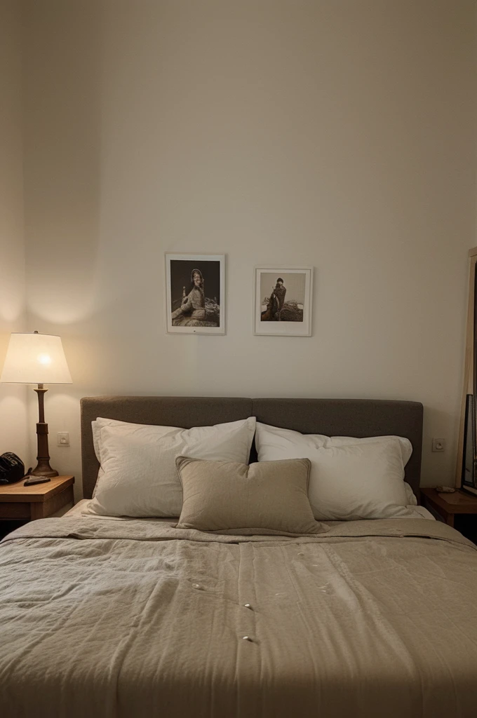 A bedroom that has a cozy and intimate atmosphere, perfect for relaxation and sleep. The room features a large window that overlooks a rainy cityscape, providing a moody and calming backdrop. The bed is covered with soft blankets and pillows, and a cat is peacefully resting on it, adding to the cozy vibe.
The room is decorated with various framed pictures on the wall, and there are warm, ambient lights and small lamps that create a soft glow. The bedside area is cluttered with books and plants, giving the space a lived-in and personal feel. The overall aesthetic is warm and inviting, making it an ideal spot for a restful night's sleep.