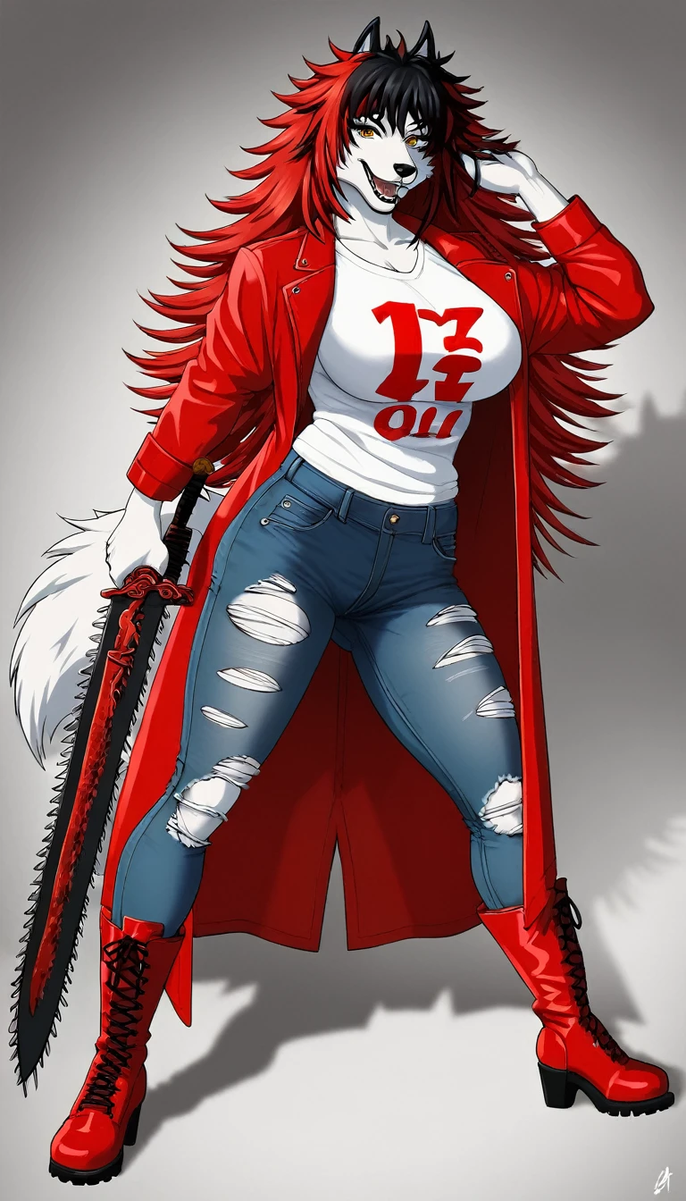 anime fantasy anthro style, a beautiful adventurer, (wolf with white fur), ((long red hair with black highlights)), open jacket over a loose t-shirt, short jeans shots, ripped tights, boots, hourglass body, mature beauty, (((posing with a big stylish chainsaw sword))), confident smile. Highly detailed, fantastic action scene
